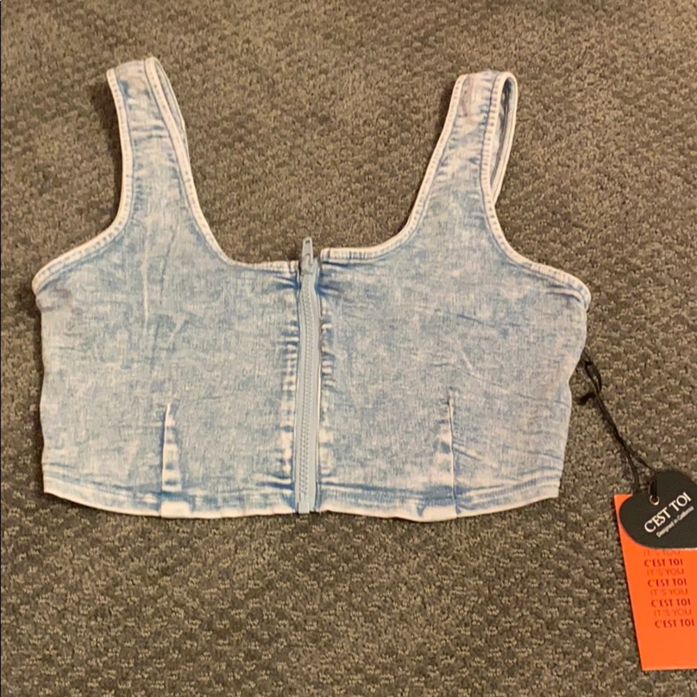 Fake jean zip up crop top